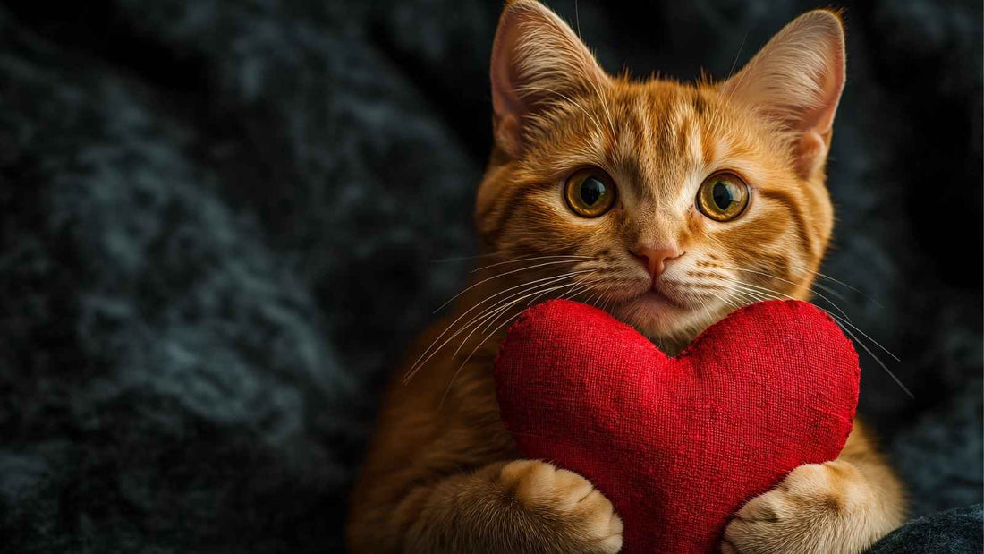 Katzenfoto mit Herz zwischen den Pfoten als Symbol für Geschenkideen.