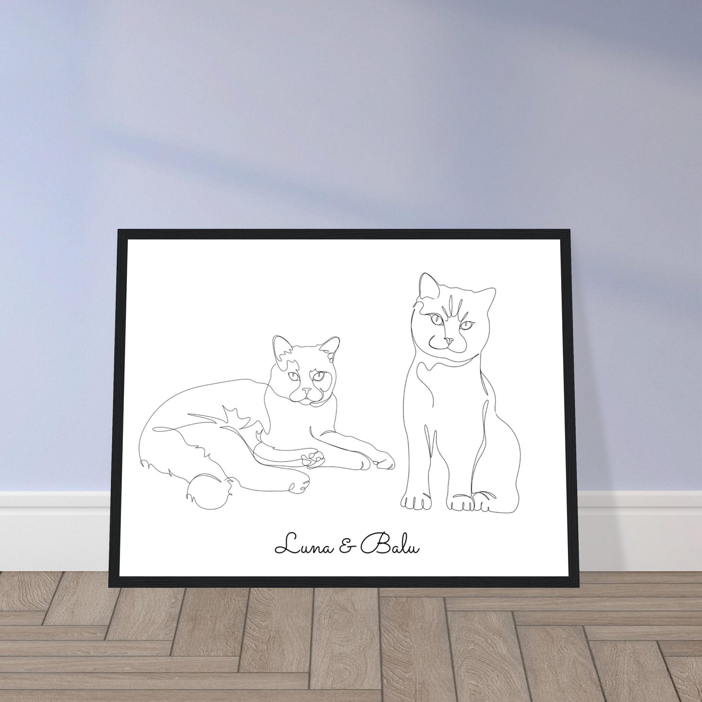 Line Art Haustierportrait mit 2 Katzen